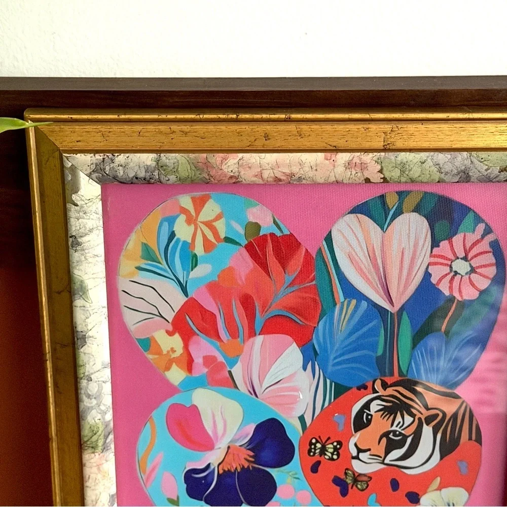 Heart Floral Tiger Moody Canvas Art Print Floral & Gold Framed Wall Art Eclectic